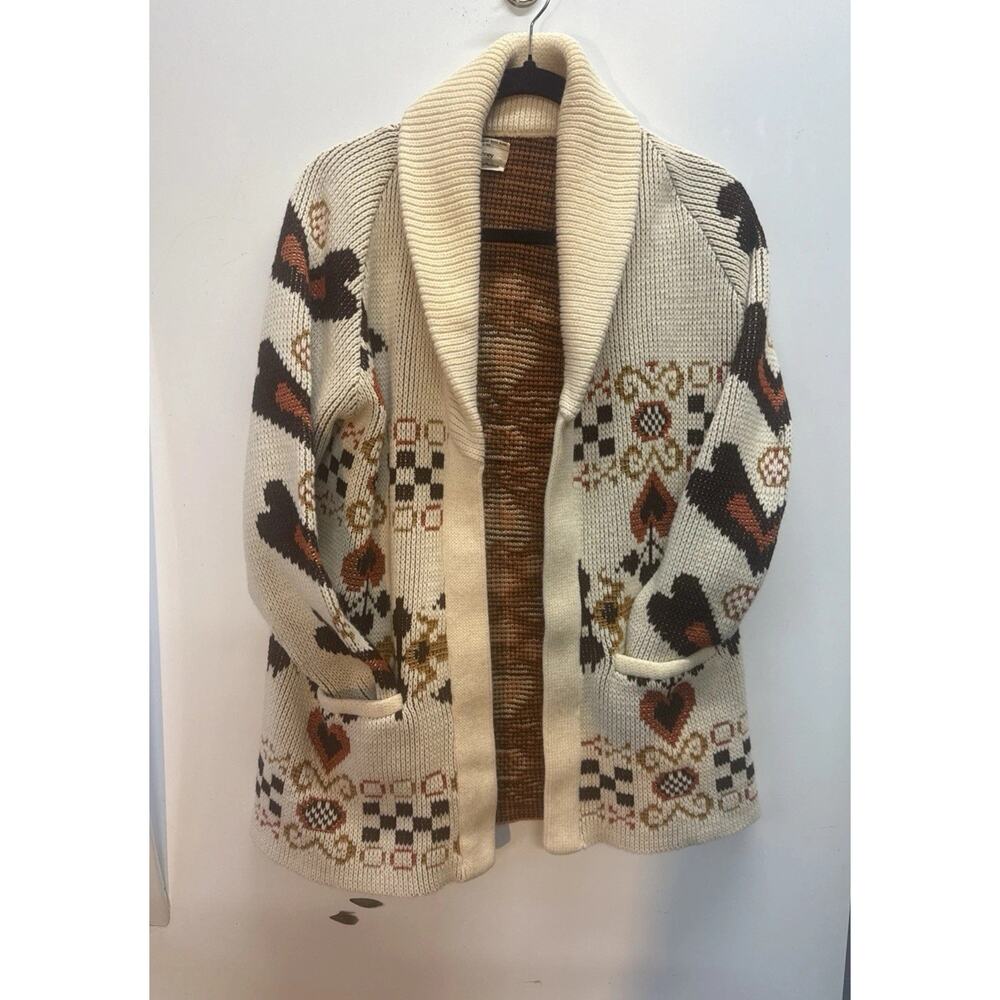 Vintage 70s JCPenney Heart Cardigan Shawl Collar Cowichan Floral Hippie Boho